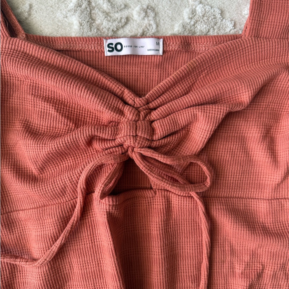 Rusty Orange Tie-Front Ribbed One-Piece - Picture 3 of 4